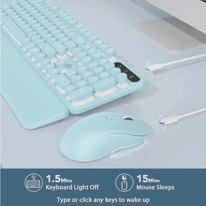 Ensemble clavier et souris sans fil ergonomique rechargeable rétroéclairé RGB avec repose-poignets style rétro, 2,4 GHz – vert