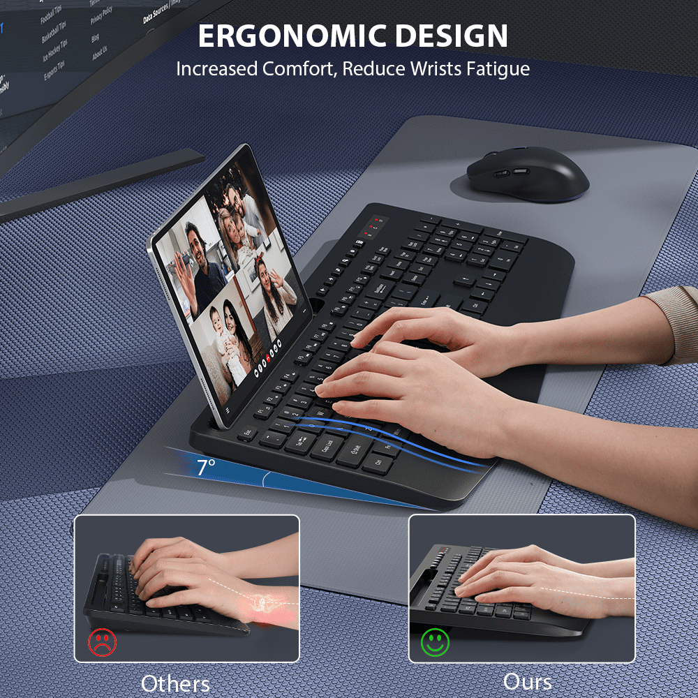 Ensemble clavier et souris sans fil ergonomique silencieux avec repose-poignets avec support pour téléphone, 2,4 GHz