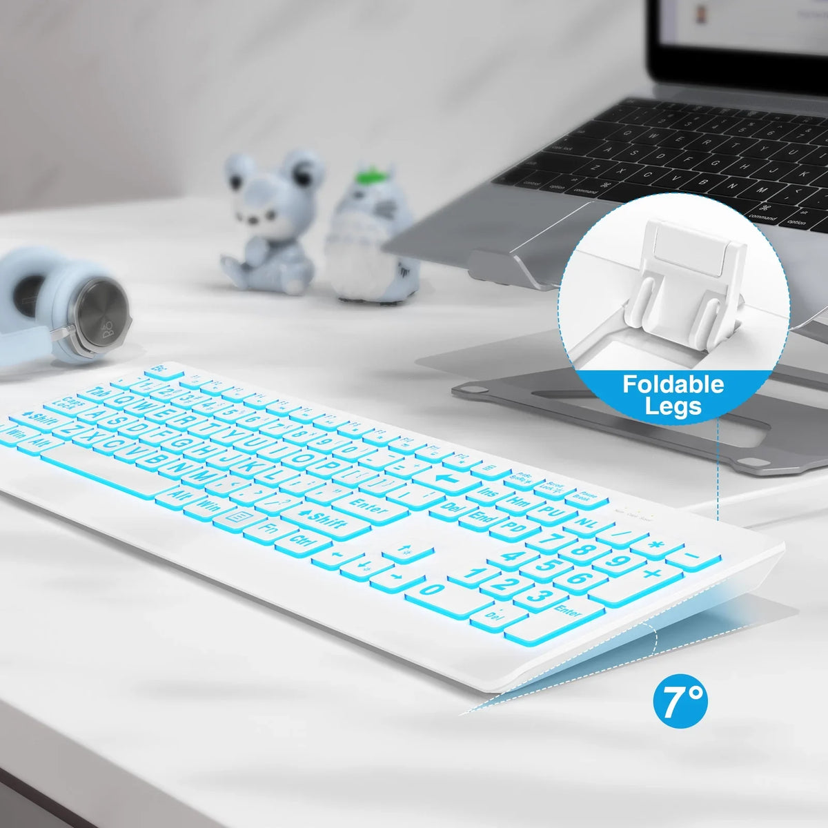 Clavier filaire ergonomique rétroéclairé à grands caractères – blanc