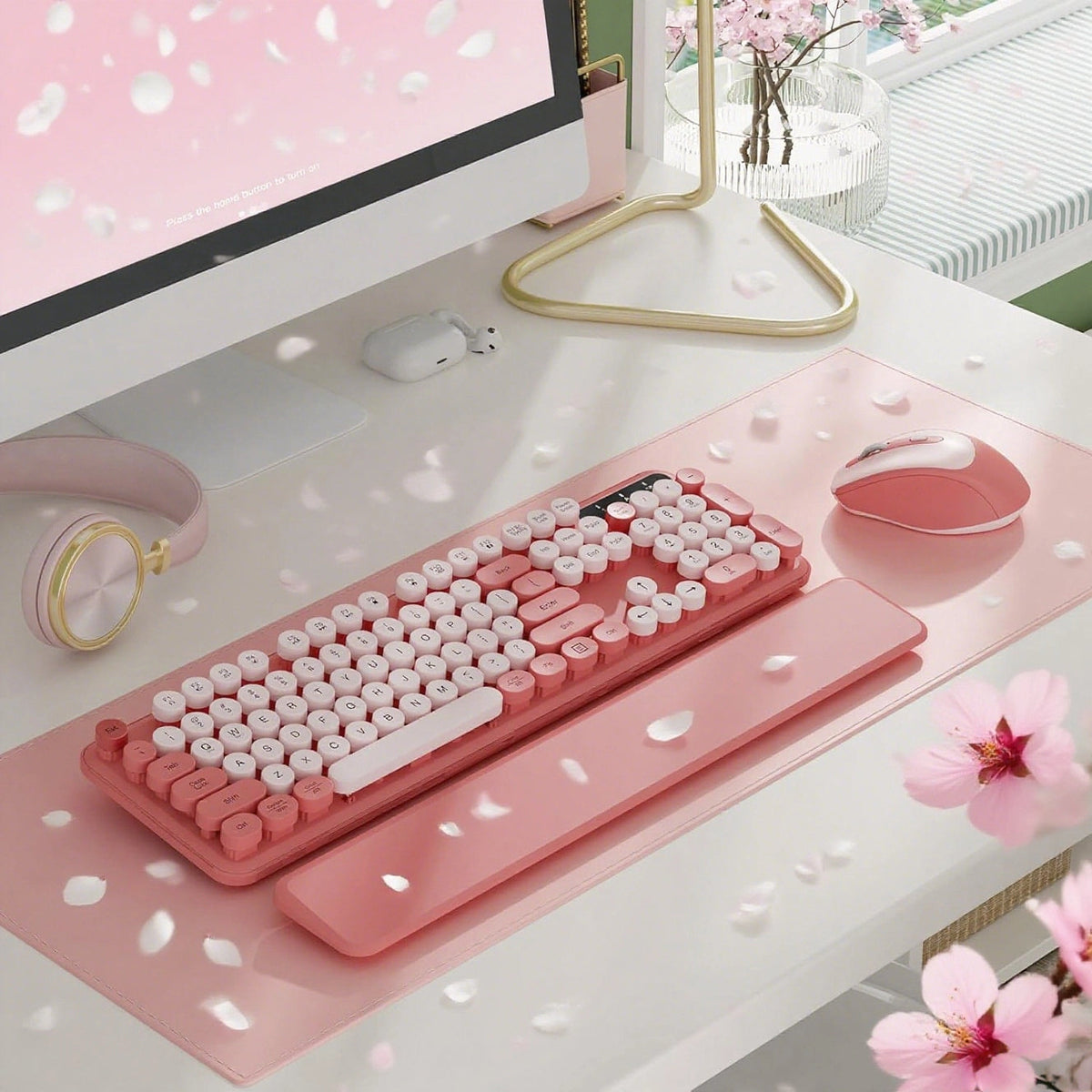 Ensemble clavier et souris sans fil avec repose-poignets style rétro, 2,4 GHz – rose
