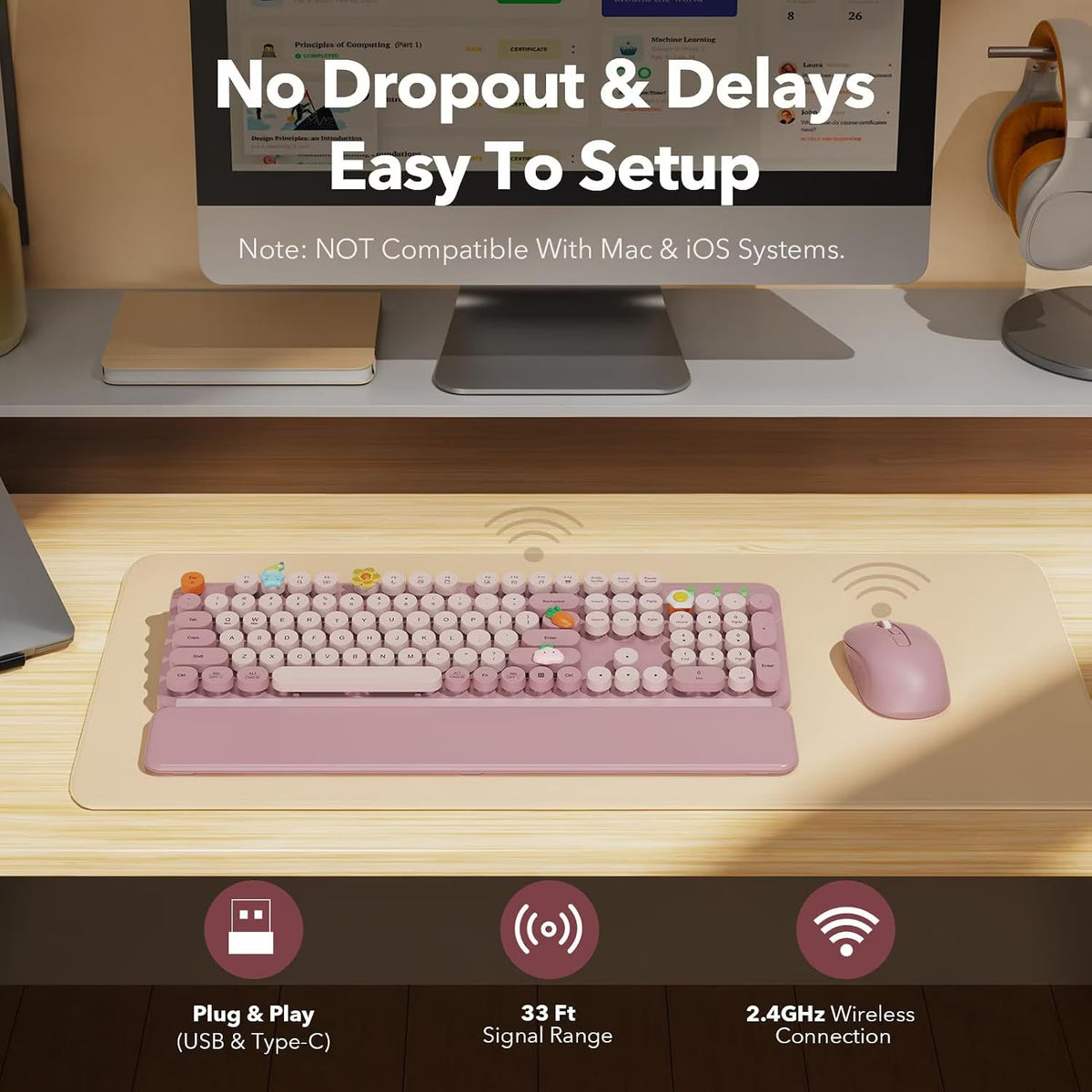 Ensemble clavier et souris sans fil ergonomique avec repose-poignets style rétro, 2,4 GHz