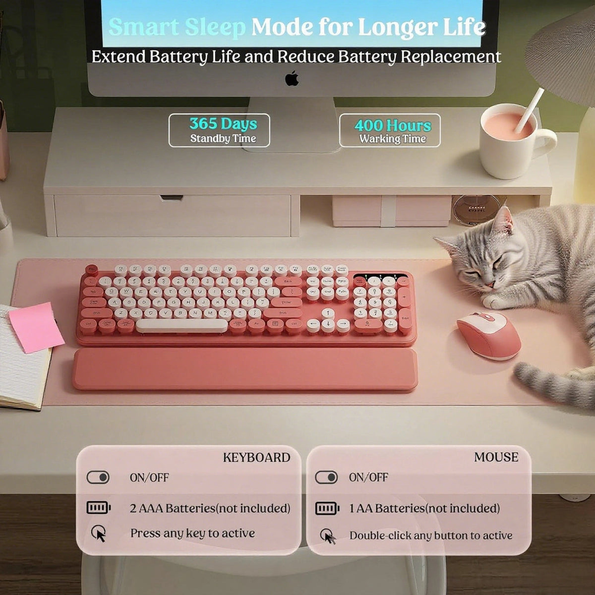 Ensemble clavier et souris sans fil avec repose-poignets style rétro, 2,4 GHz – rose