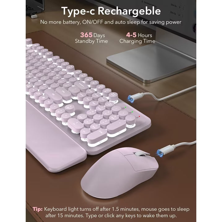 Ensemble clavier et souris sans fil ergonomique rechargeable rétroéclairé RGB avec repose-poignets style rétro, 2,4 GHz – lavande poudrée