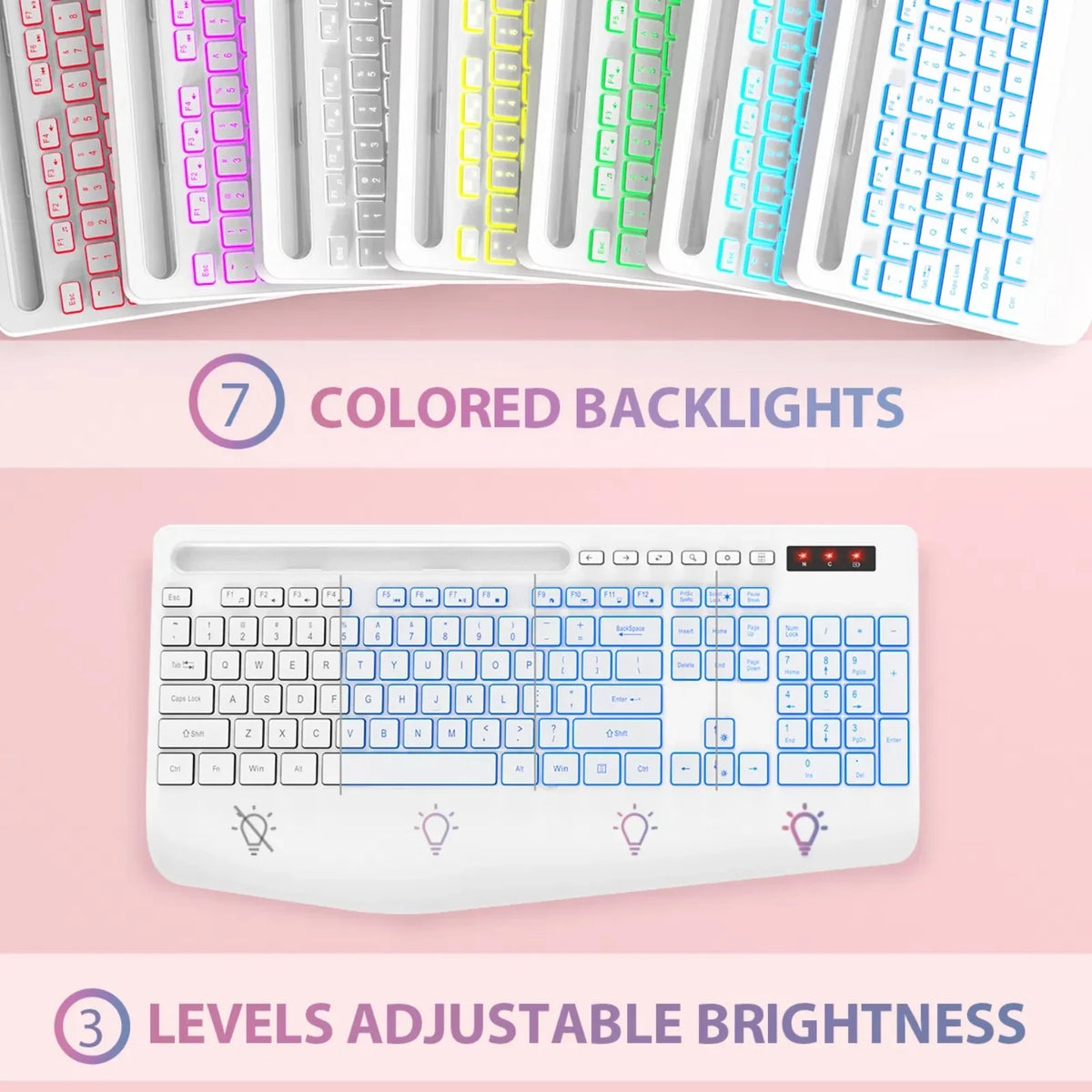 Clavier sans fil ergonomique rechargeable rétroéclairé silencieux avec repose-poignets, 2,4 GHz, 112 touches – blanc