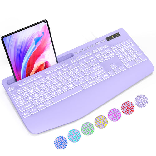 Clavier filaire ergonomique à grands caractères avec repose-poignets – violet