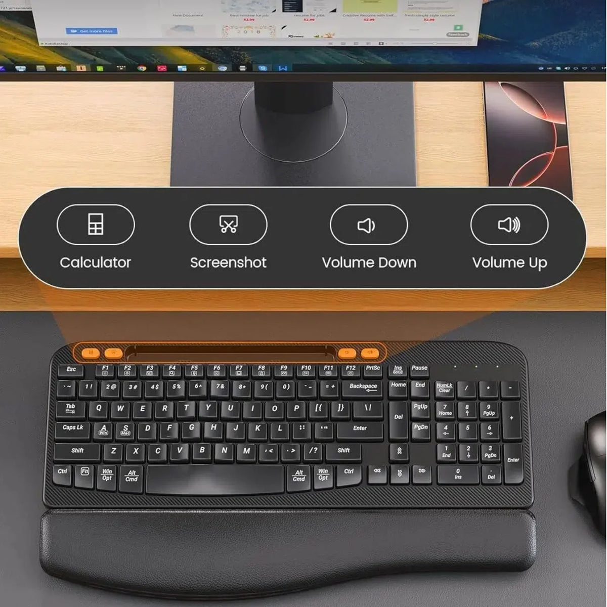 Ensemble clavier et souris sans fil ergonomique rechargeable silencieux avec repose-poignets avec support pour téléphone, 2,4 GHz