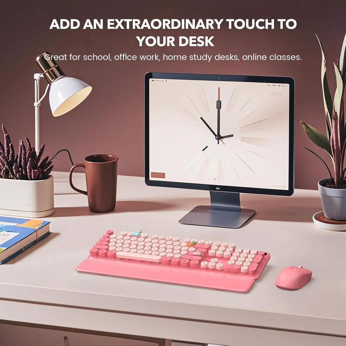 Ensemble clavier et souris sans fil ergonomique avec repose-poignets style rétro, 2,4 GHz – rose vif