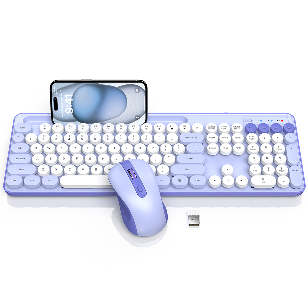 Ensemble clavier et souris sans fil avec support pour téléphone style rétro – violet