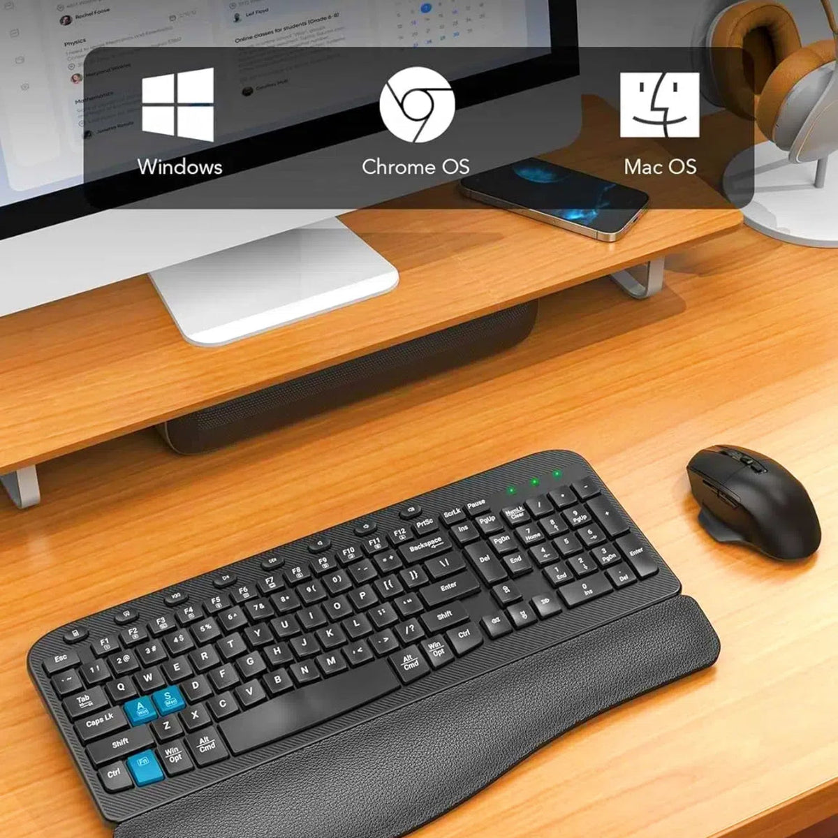 Ensemble clavier et souris sans fil ergonomique silencieux avec repose-poignets, 2,4 GHz