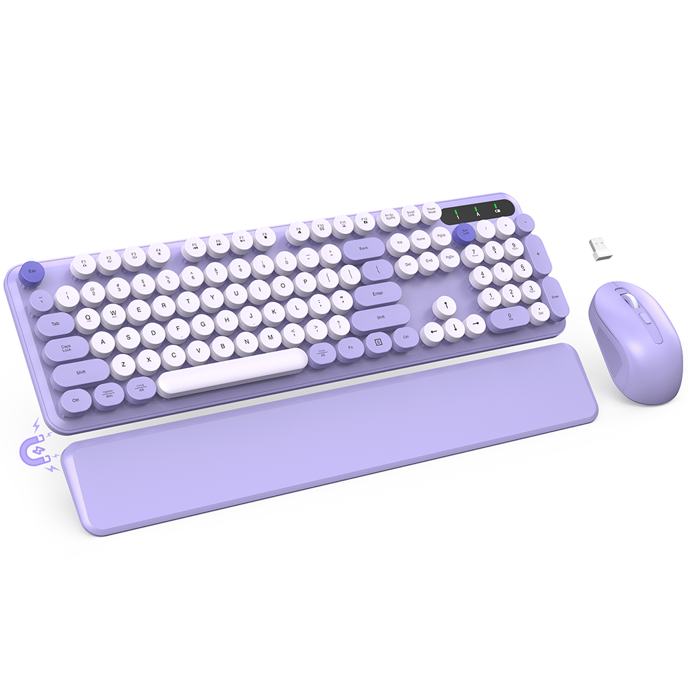 Ensemble clavier et souris sans fil avec repose-poignets style rétro, 2,4 GHz – violet