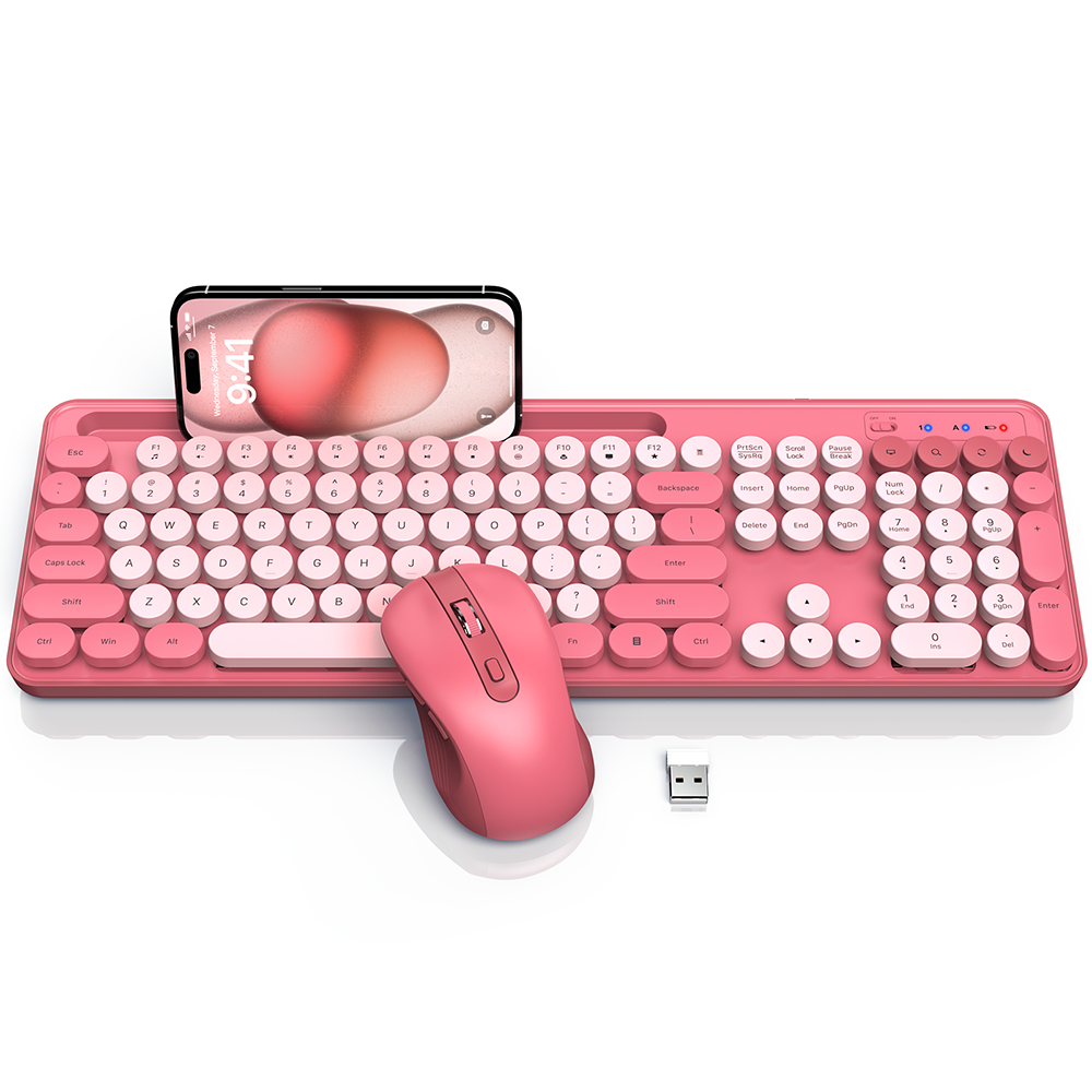 Ensemble clavier et souris sans fil ergonomique avec support pour téléphone style rétro – rose