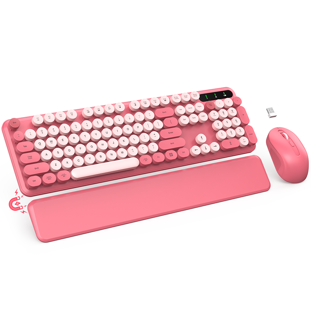 Ensemble clavier et souris sans fil avec repose-poignets style rétro, 2,4 GHz – rose vif
