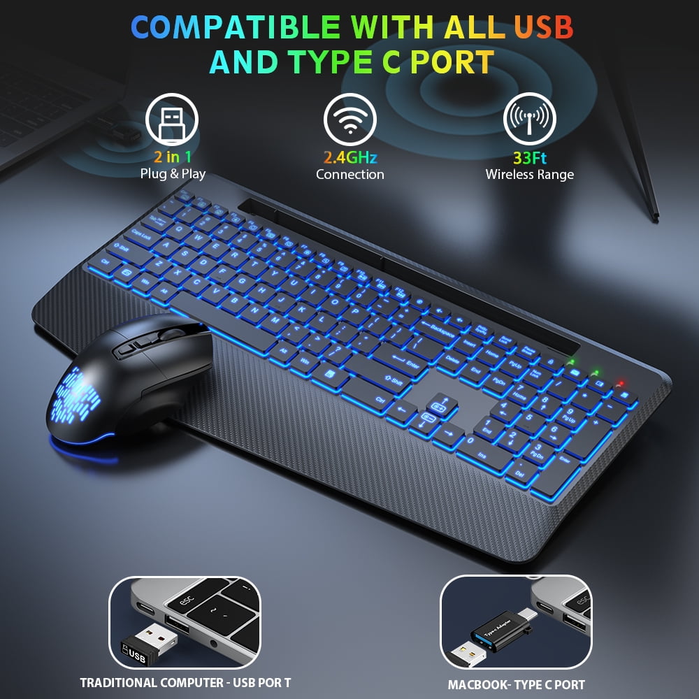 Ensemble clavier et souris sans fil ergonomique rechargeable rétroéclairé RGB avec repose-poignets