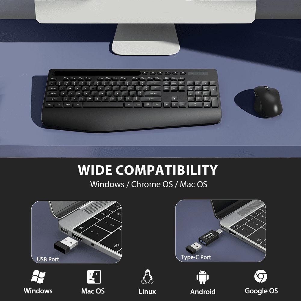 Ensemble clavier et souris sans fil ergonomique silencieux avec repose-poignets avec support pour téléphone, 2,4 GHz