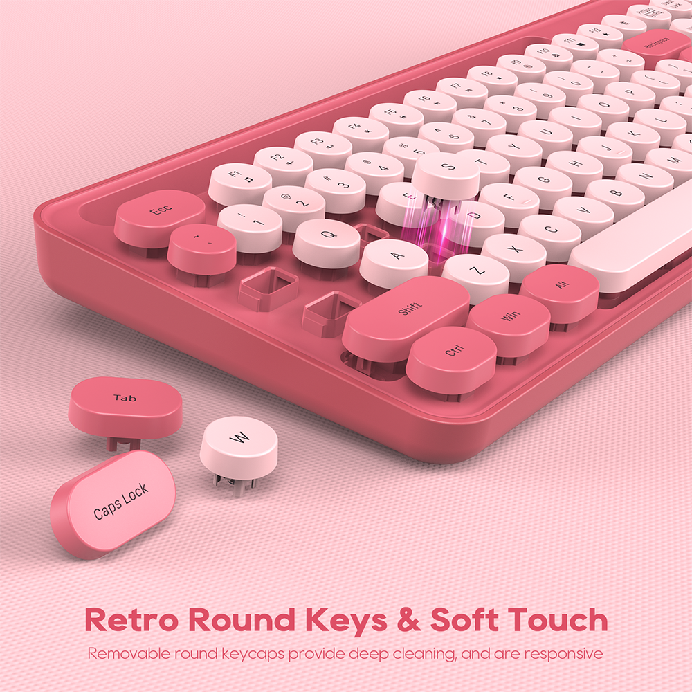 Ensemble clavier et souris sans fil ergonomique avec support pour téléphone style rétro – rose