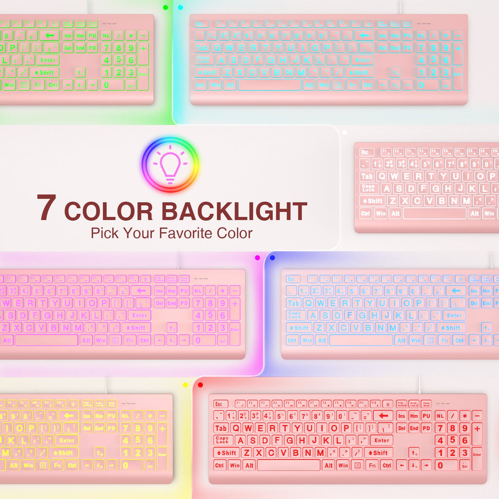 Clavier filaire ergonomique rétroéclairé à grands caractères – rose