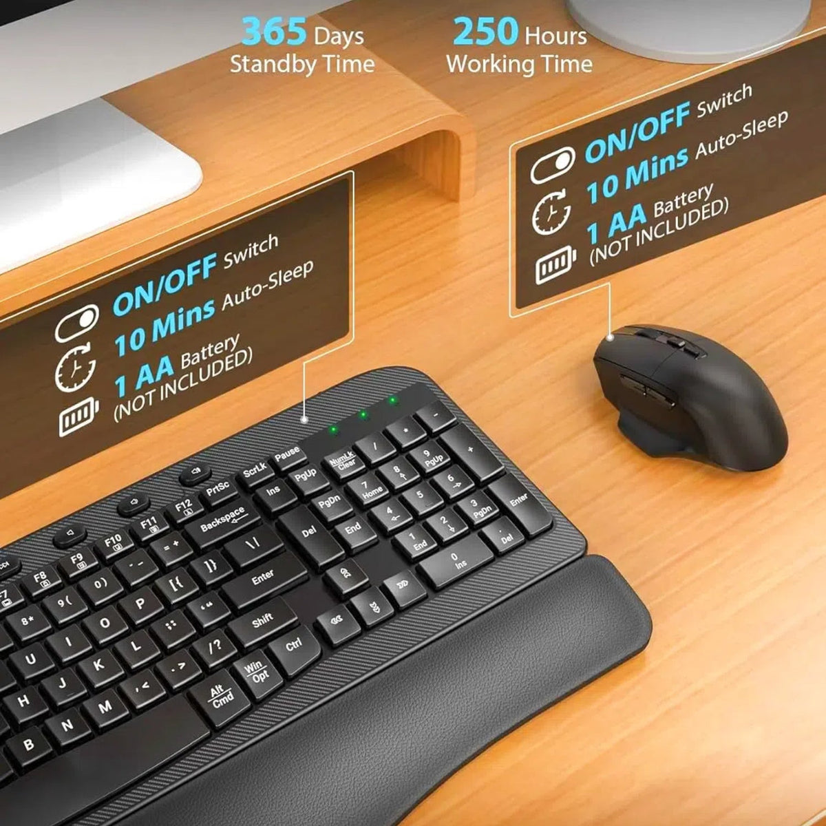 Ensemble clavier et souris sans fil ergonomique silencieux avec repose-poignets, 2,4 GHz