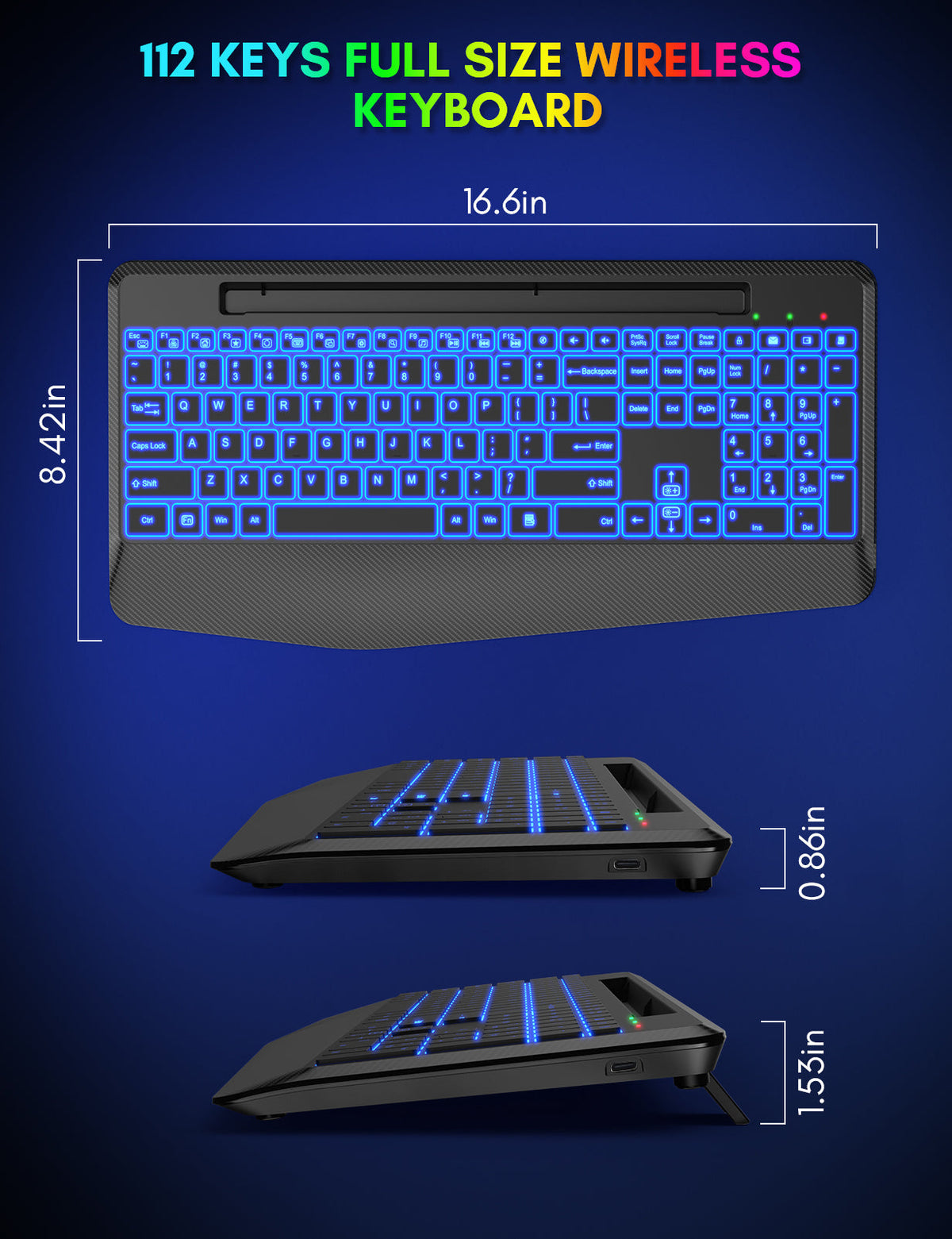 Clavier sans fil ergonomique rechargeable rétroéclairé silencieux avec repose-poignets avec support pour téléphone, 2,4 GHz