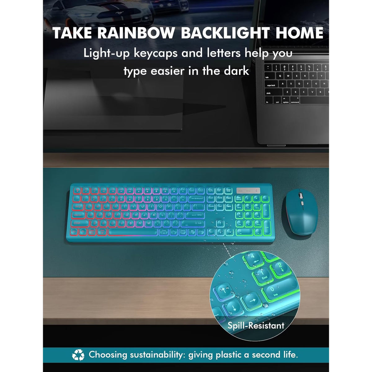 Ensemble clavier et souris sans fil ergonomique rechargeable rétroéclairé RGB silencieux, 2,4 GHz, 108 touches – bleu métallisé