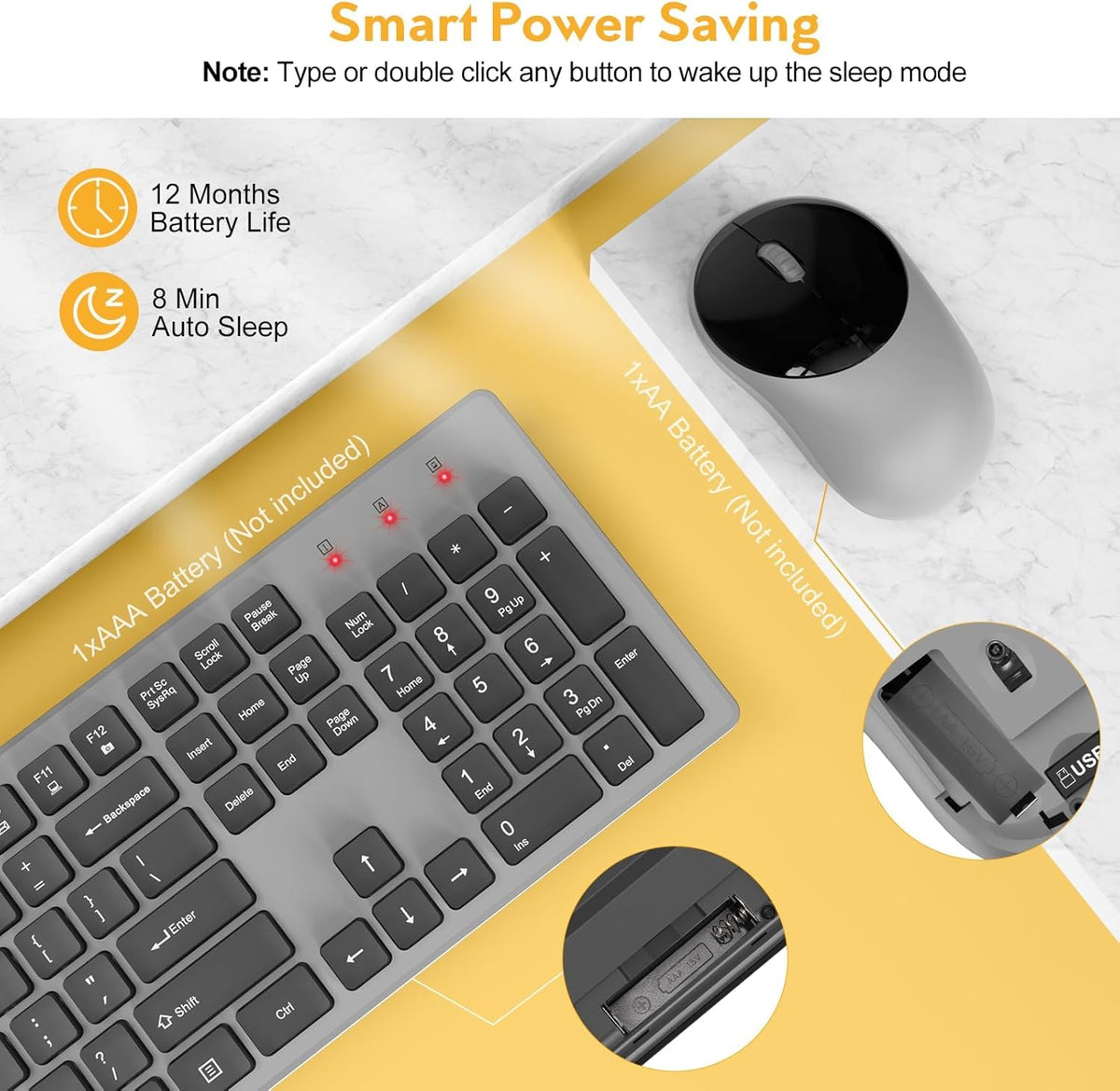 Ensemble clavier et souris sans fil silencieux, 2,4 GHz – gris