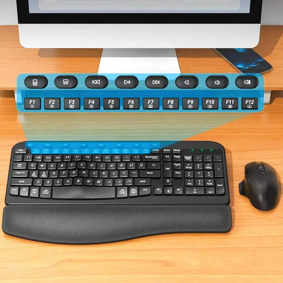 Ensemble clavier et souris sans fil ergonomique silencieux avec repose-poignets, 2,4 GHz