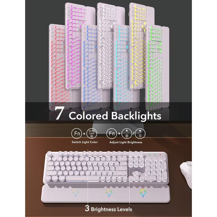 Ensemble clavier et souris sans fil ergonomique rechargeable rétroéclairé RGB avec repose-poignets style rétro, 2,4 GHz – lavande poudrée