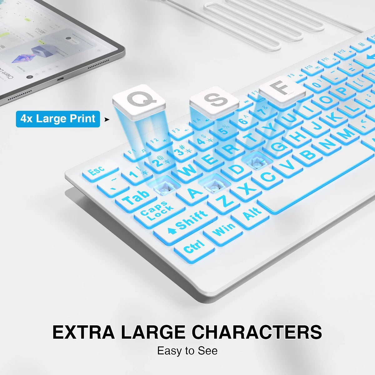 Clavier filaire ergonomique rétroéclairé à grands caractères – blanc