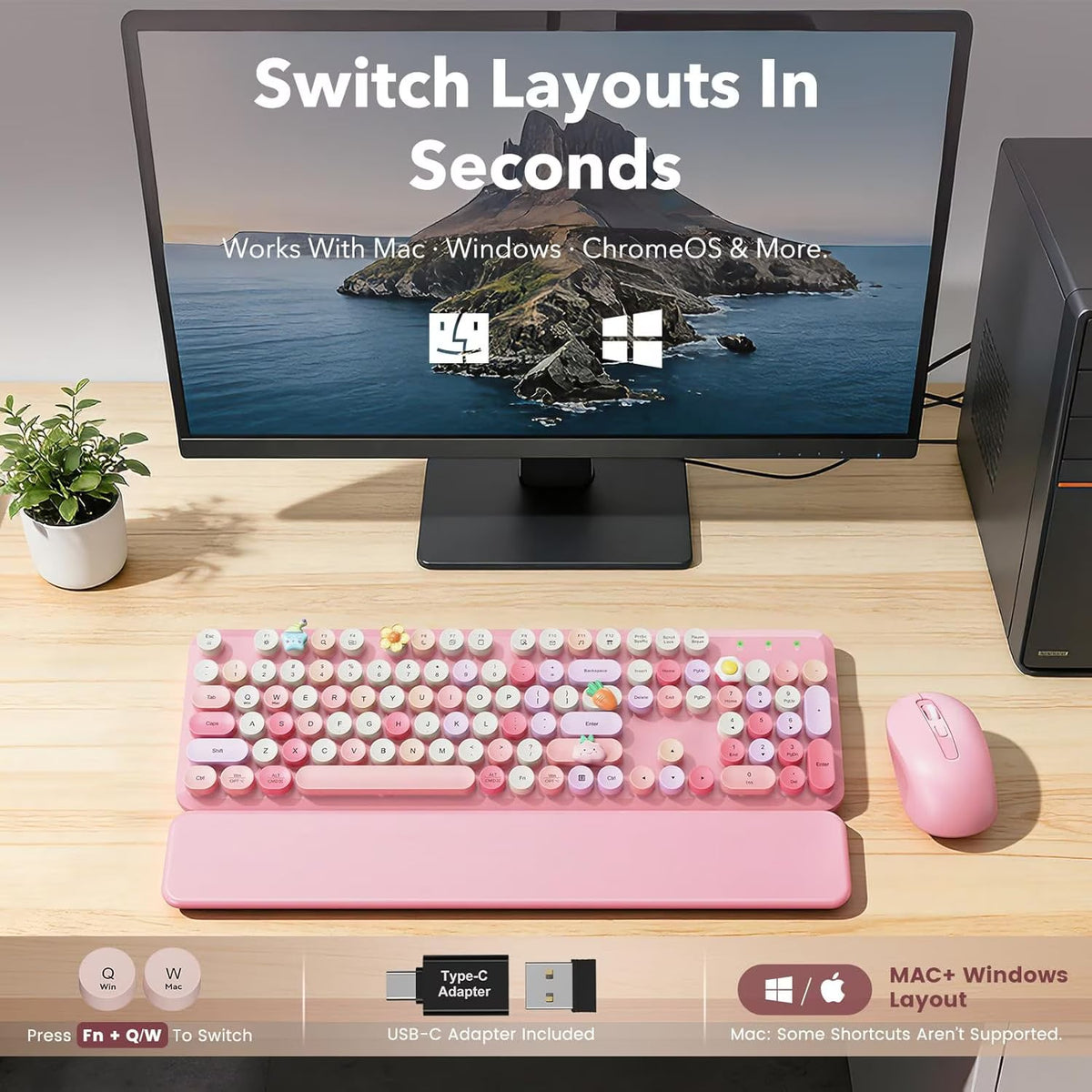 Ensemble clavier et souris sans fil ergonomique avec repose-poignets style rétro, 2,4 GHz