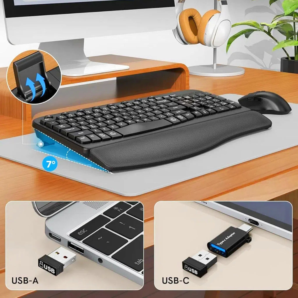 Ensemble clavier et souris sans fil ergonomique silencieux avec repose-poignets, 2,4 GHz