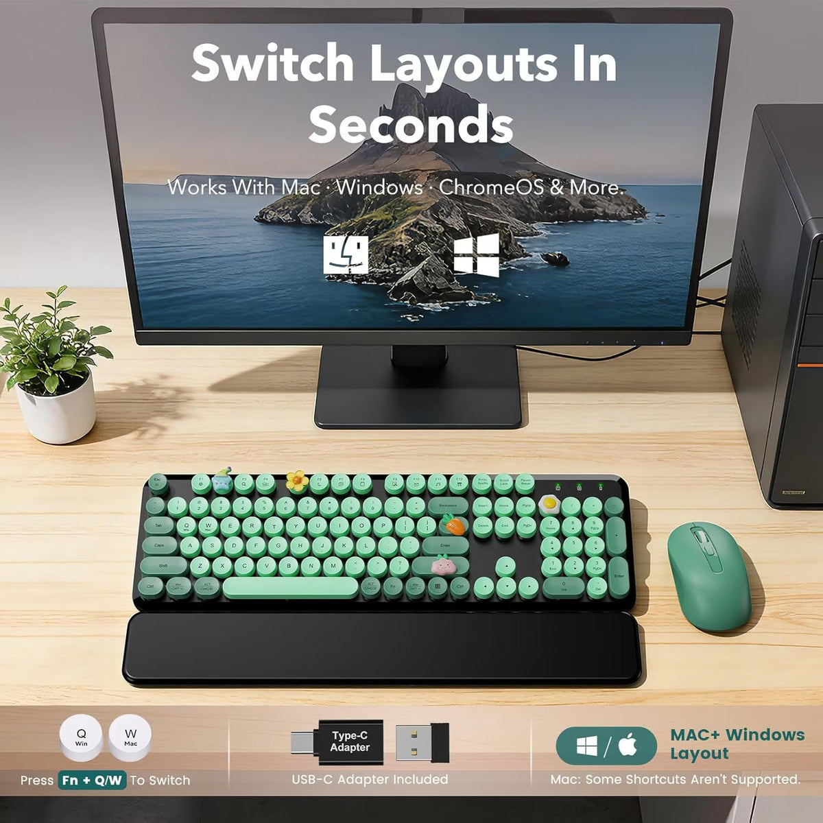 Ensemble clavier et souris sans fil ergonomique avec repose-poignets style rétro, 2,4 GHz – rose vif