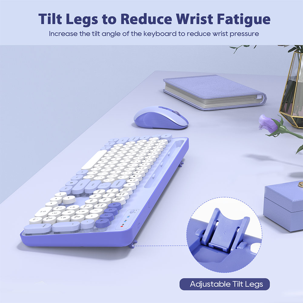 Ensemble clavier et souris sans fil avec support pour téléphone style rétro – violet