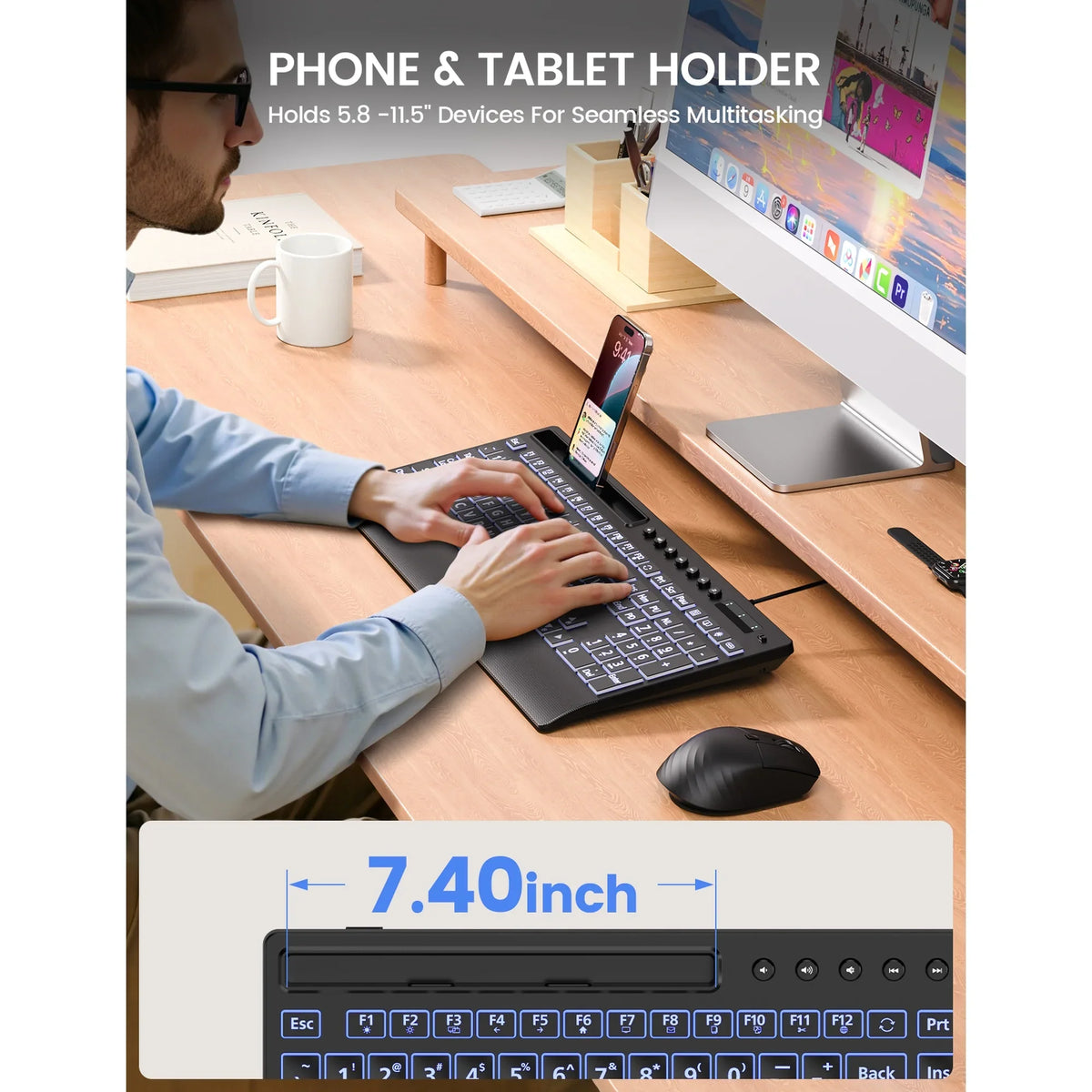 Clavier filaire ergonomique rétroéclairé silencieux à grands caractères avec repose-poignets avec support pour téléphone