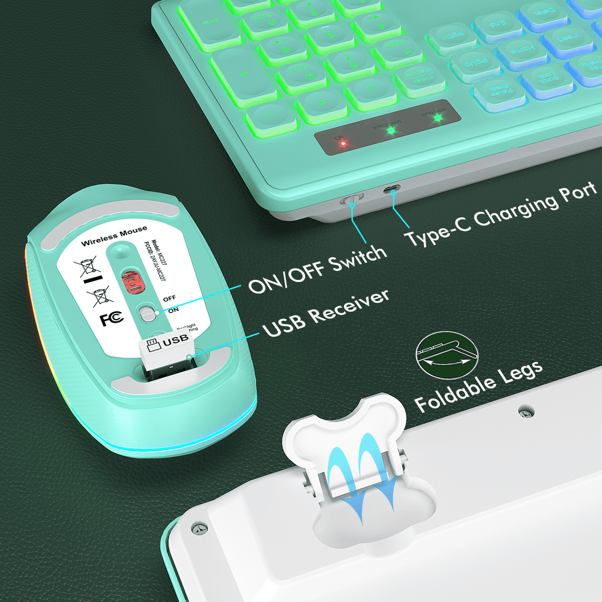 Ensemble clavier et souris sans fil rechargeable rétroéclairé RGB, 2,4 GHz – noir