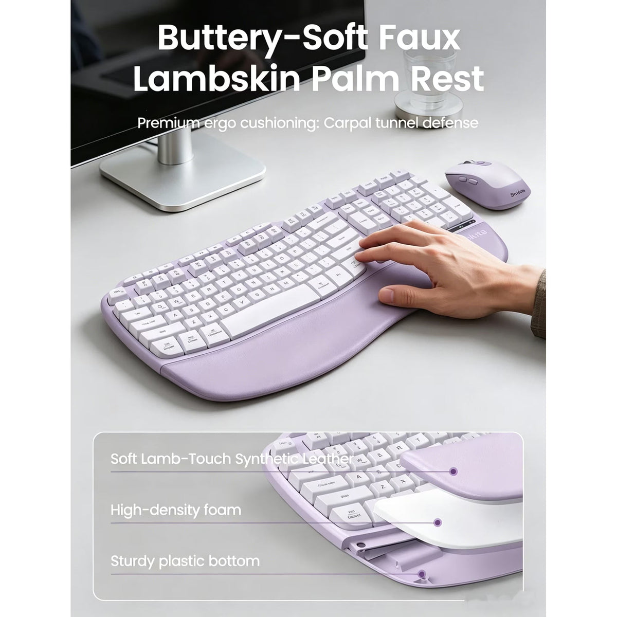 Ensemble clavier et souris sans fil ergonomique avec repose-poignets, 2,4 GHz, 3 niveaux de DPI – violet
