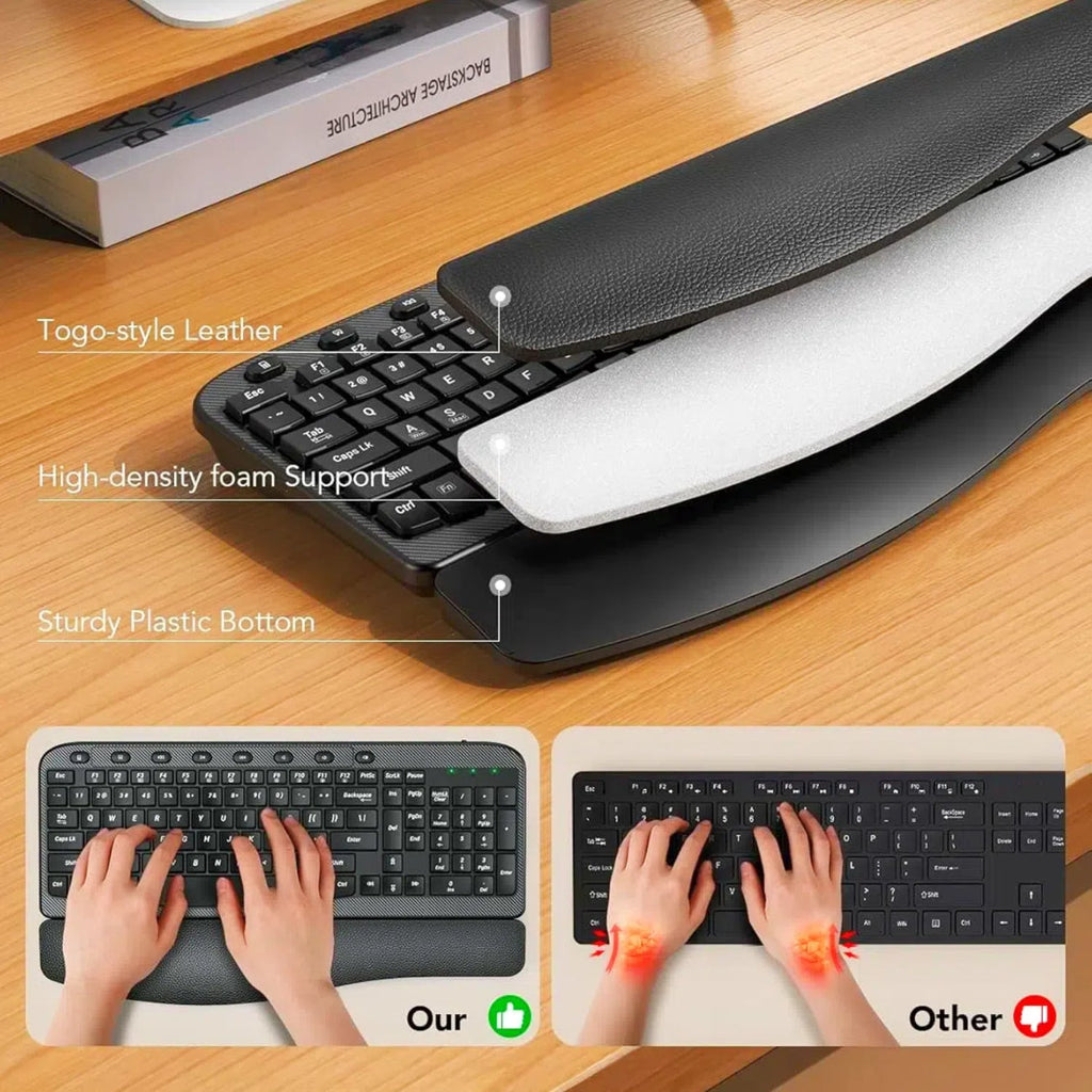 Ensemble clavier et souris sans fil ergonomique silencieux avec repose-poignets, 2,4 GHz