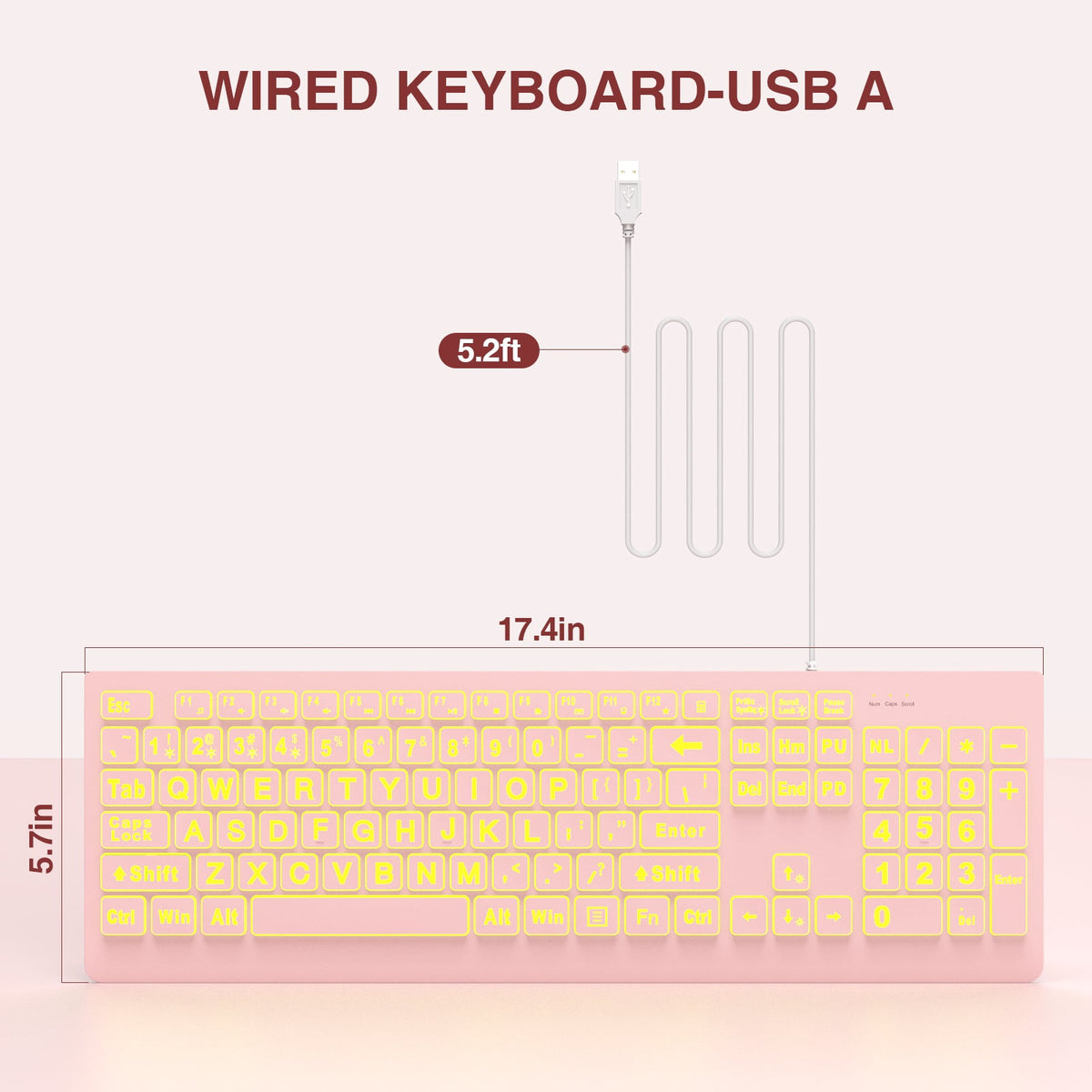 Clavier filaire ergonomique rétroéclairé à grands caractères – rose