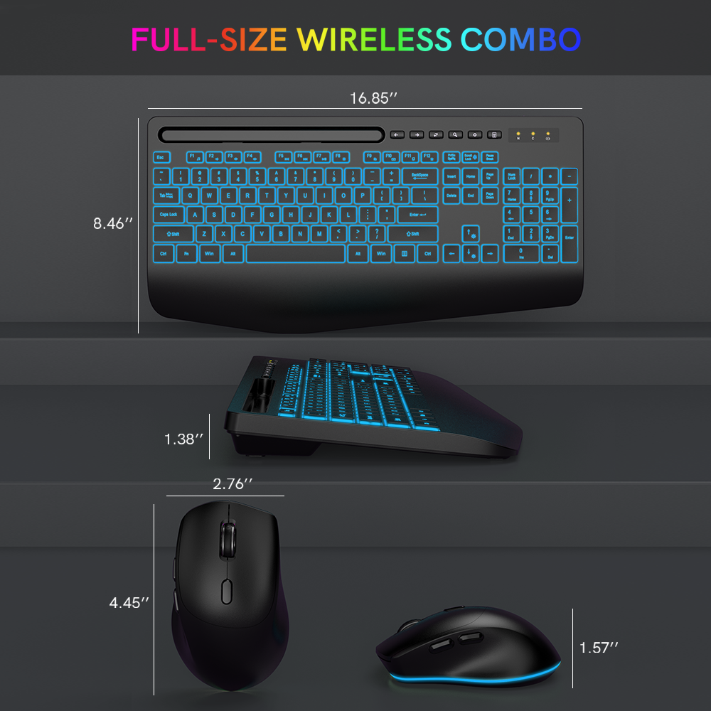 Ensemble clavier et souris sans fil ergonomique rechargeable rétroéclairé RGB silencieux avec repose-poignets, 2,4 GHz