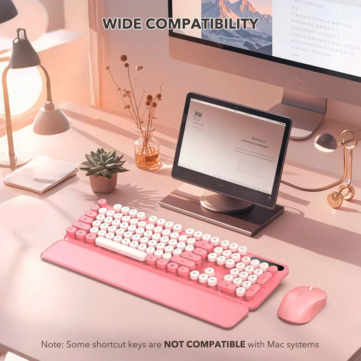 Ensemble clavier et souris sans fil ergonomique avec repose-poignets style rétro, 2,4 GHz – rose vif
