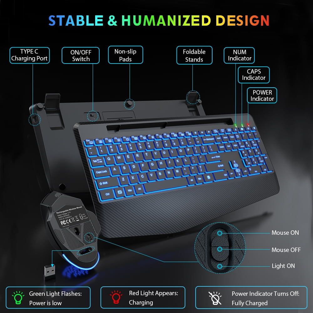 Ensemble clavier et souris sans fil ergonomique rechargeable rétroéclairé RGB avec repose-poignets