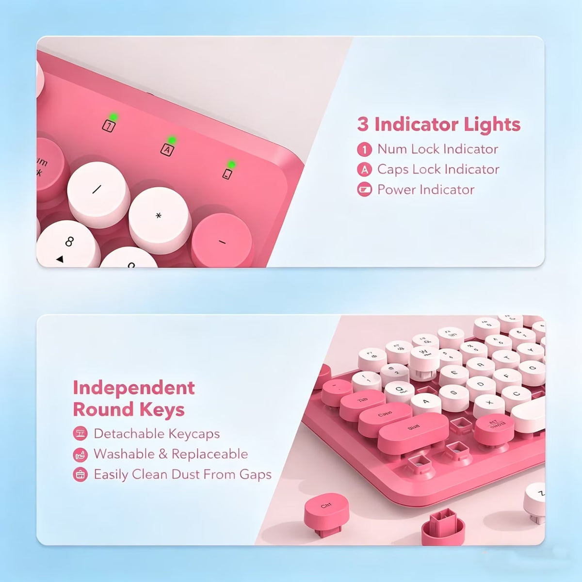 Ensemble clavier et souris sans fil ergonomique avec repose-poignets style rétro, 2,4 GHz – rose vif