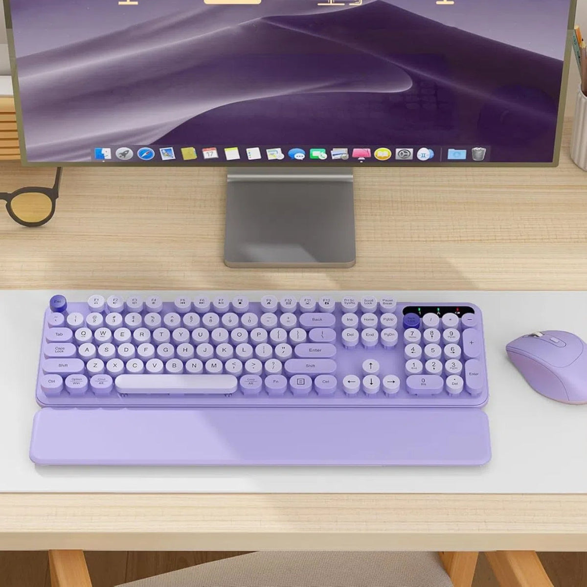 Ensemble clavier et souris sans fil ergonomique avec repose-poignets style rétro, 2,4 GHz, 3 niveaux de DPI – violet