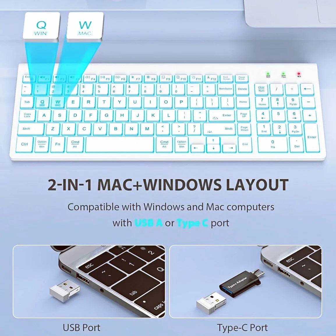 Ensemble clavier et souris sans fil rechargeable rétroéclairé RGB silencieux, 2,4 GHz – blanc