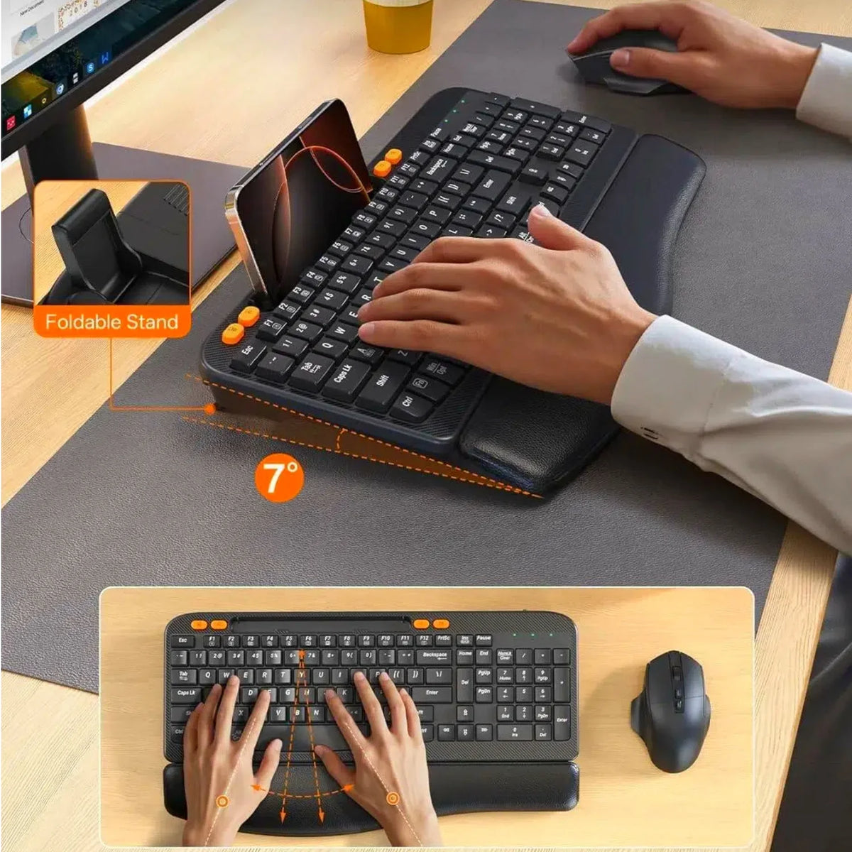 Ensemble clavier et souris sans fil ergonomique rechargeable silencieux avec repose-poignets avec support pour téléphone, 2,4 GHz