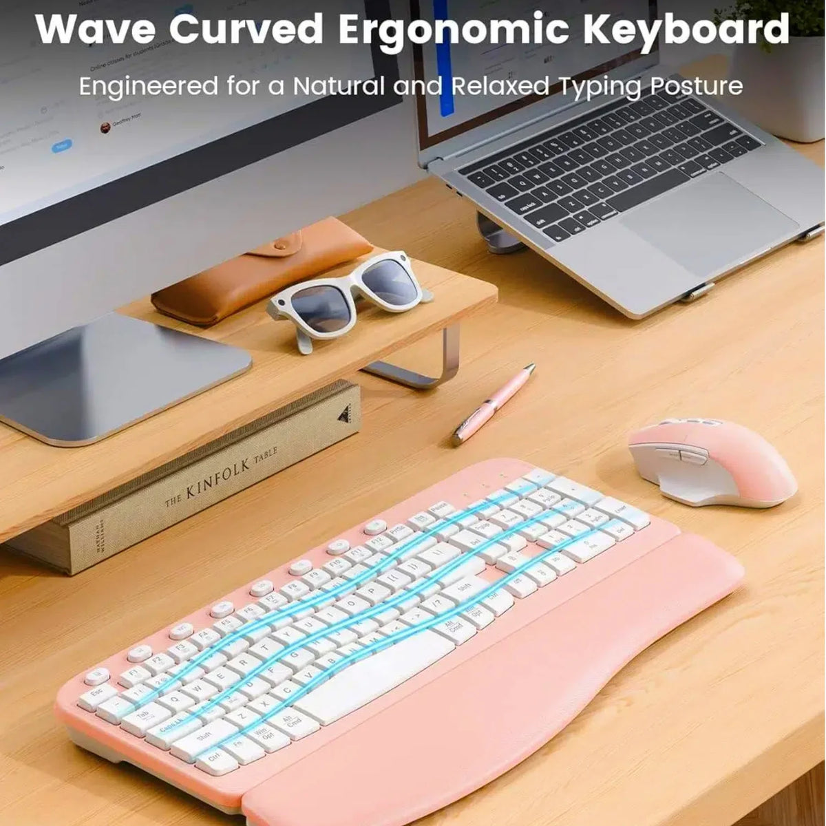 Ensemble clavier et souris sans fil ergonomique silencieux avec repose-poignets, 2,4 GHz – rose
