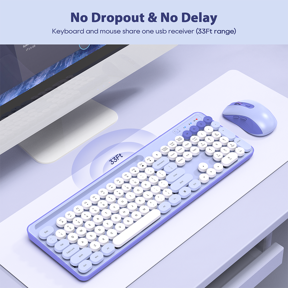 Ensemble clavier et souris sans fil avec support pour téléphone style rétro – violet
