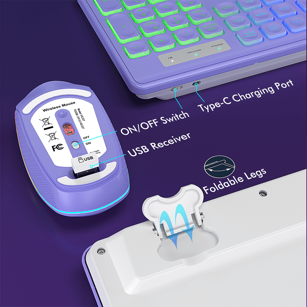 Ensemble clavier et souris sans fil rechargeable rétroéclairé RGB silencieux, 2,4 GHz, 108 touches, 3 niveaux de DPI – violet