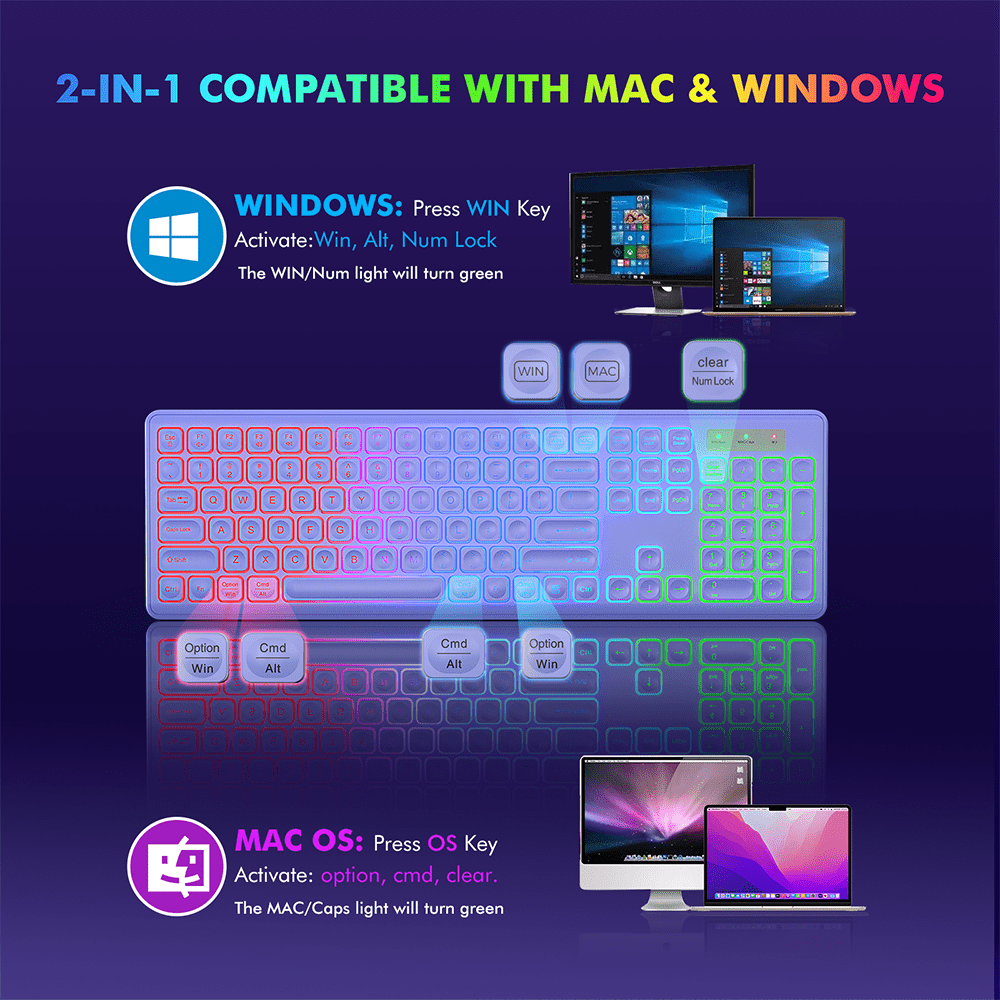 Ensemble clavier et souris sans fil rechargeable rétroéclairé RGB silencieux, 2,4 GHz, 108 touches, 3 niveaux de DPI – violet
