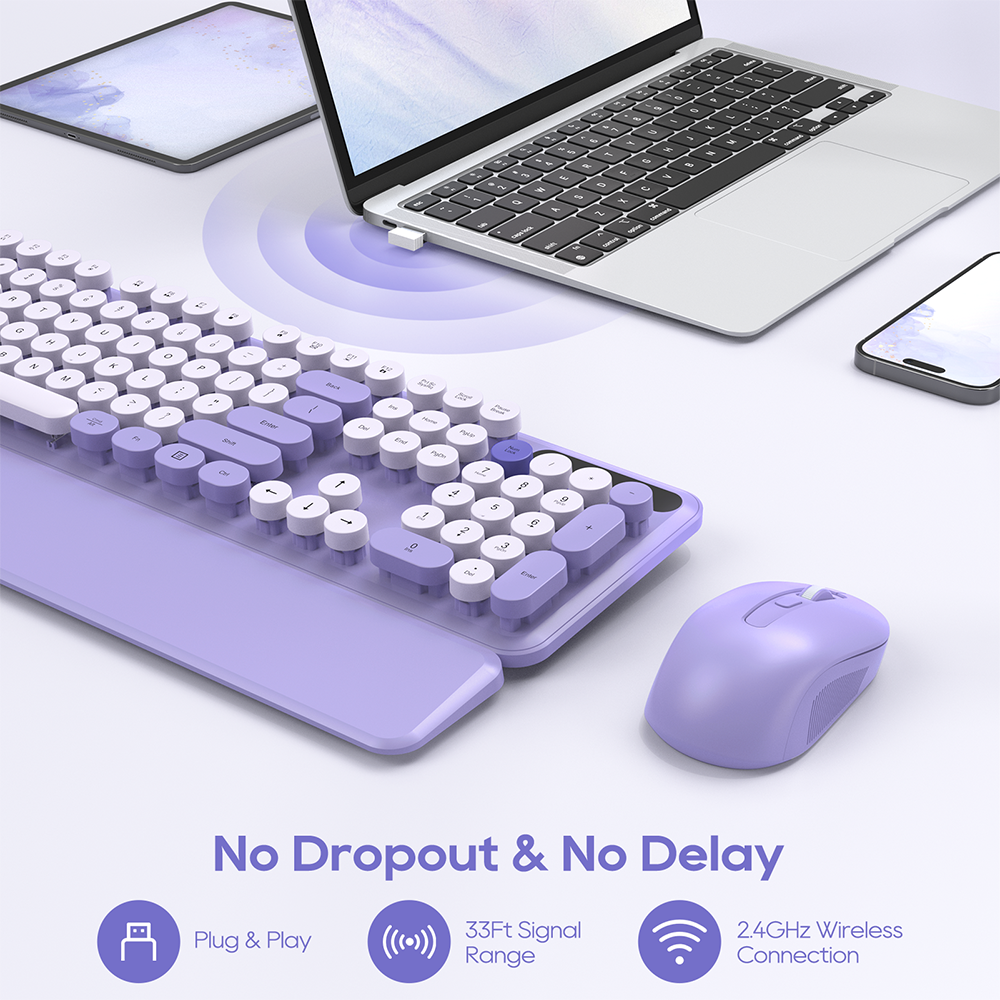 Ensemble clavier et souris sans fil avec repose-poignets style rétro, 2,4 GHz – violet