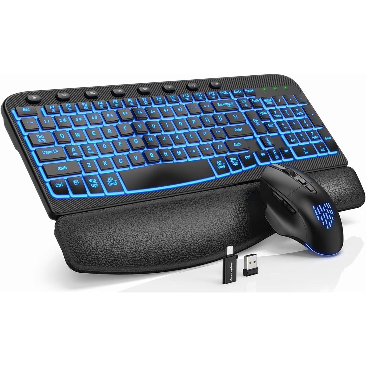 Ensemble clavier et souris sans fil ergonomique rechargeable rétroéclairé RGB avec repose-poignets, 2,4 GHz – noir