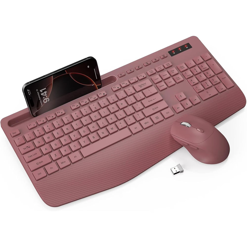 Ensemble clavier et souris sans fil ergonomique avec repose-poignets avec support pour téléphone, 2,4 GHz – bordeaux